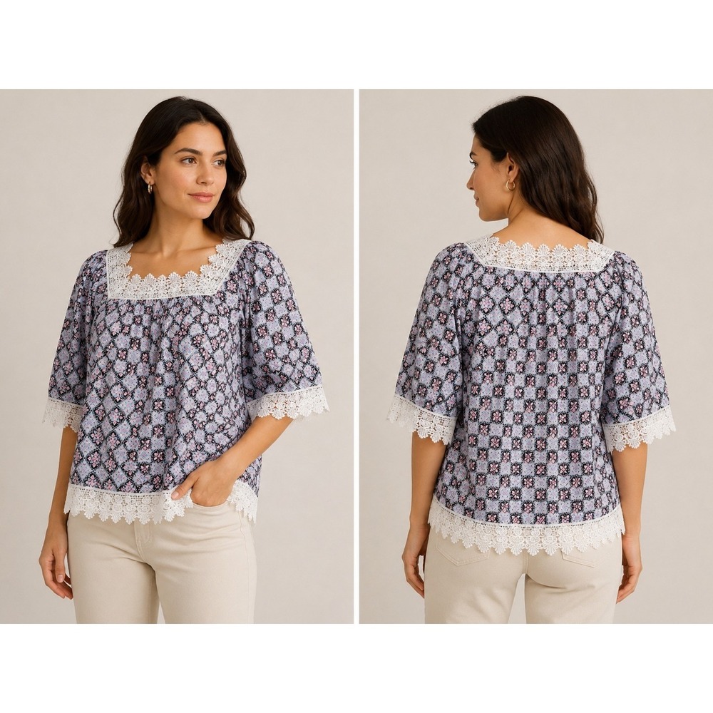 New Directions Womens XL Boho Peasant Blouse Lace Trim Floral Print 3/4 Sleeve